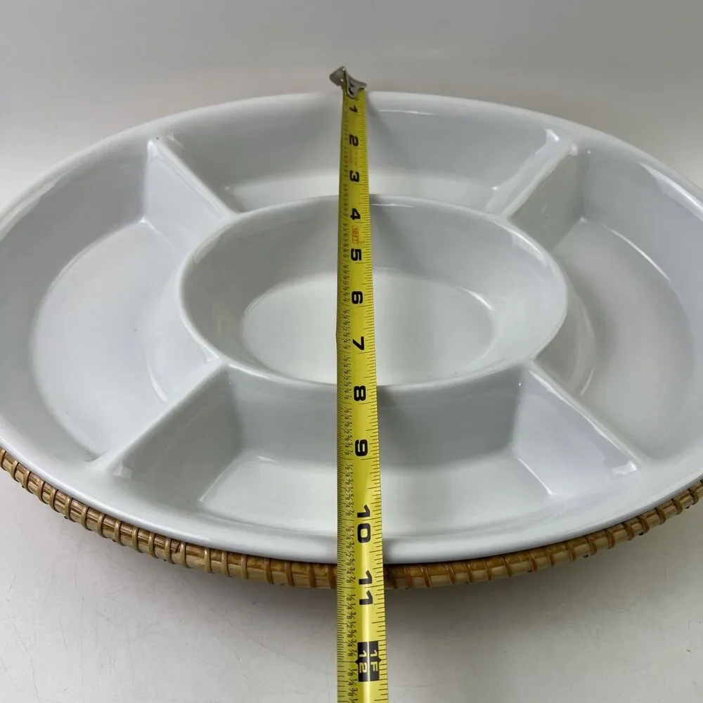 15 Inch Sectional Serving Tray/Plate White W/Wooden Holder